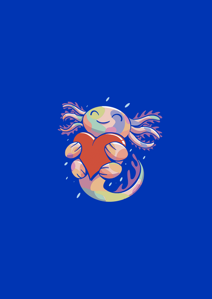 Ajolote abrazando un corazón