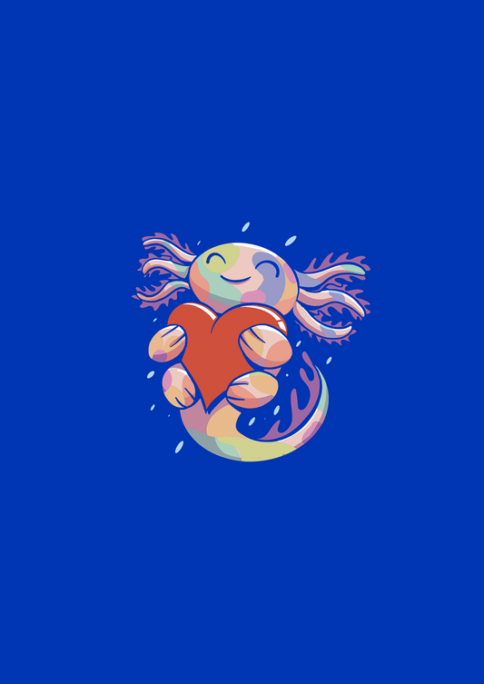 Ajolote abrazando un corazón
