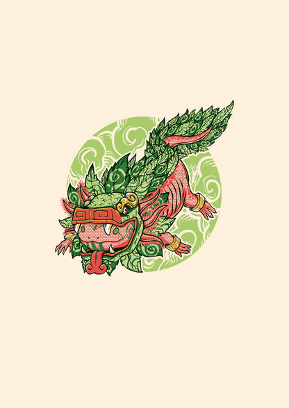 Ajolote con traje de Quetzalcoatl